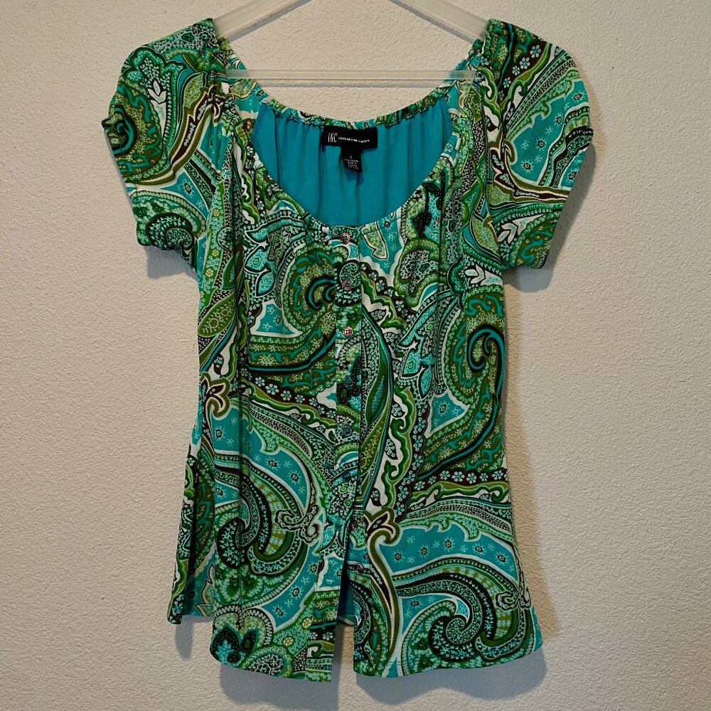 INC Y2K Paisley Mesh Top Green Blue‎ Short Sleeve Shirt Size Small